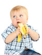 Little boy with banana, isolated on white