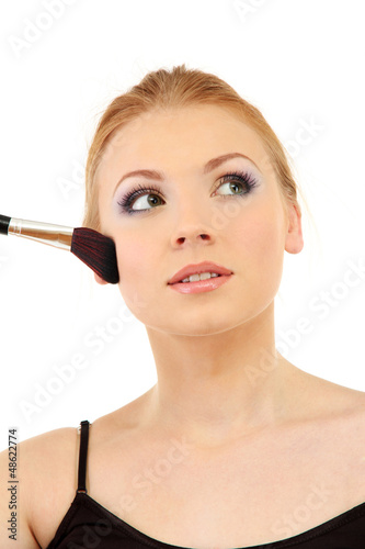 Photo: portrait of beautiful woman with make-up brush for powder, portrait of beautiful woman with make-up brush for powder,