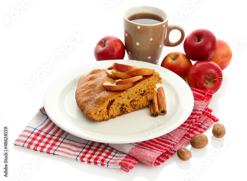 Photo: slice of tasty homemade pie with apples and cup of coffee, slice of tasty homemade pie with apples and cup of coffee,