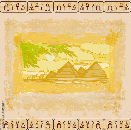 Illustration: old paper with pyramids giza old paper with pyramids giza