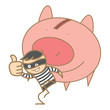 cartoon character of burglar holding money pig