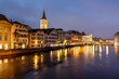 Illuminated Saint Peter Church and Houses along Limmat River Ban