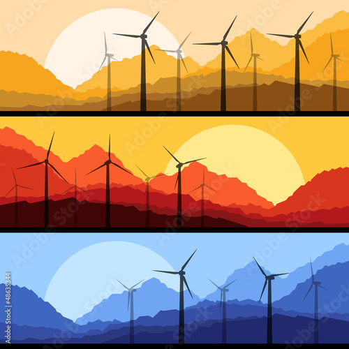 Vector: Wind electricity generators and windmills in mountain vector Wind electricity generators and windmills in mountain vector