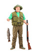 Mature hunter with shotgun holding a fish
