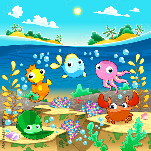Vector: Happy marine family under the sea. Happy marine family under the sea.