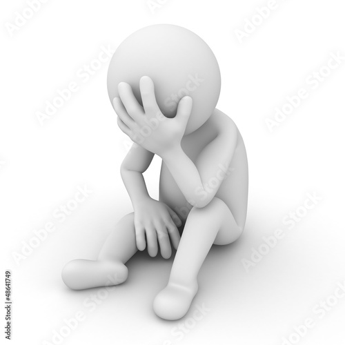 Illustration: Depressed 3d man sitting over white background Depressed 3d man sitting over white background