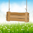 Spring landscape with wooden sign