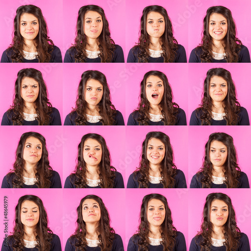 Photo: Young Woman on Fuchsia, Multiple Expressions Young Woman on Fuchsia, Multiple Expressions