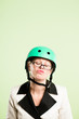Photo: funny woman wearing cycling helmet portrait pink background real funny woman wearing cycling helmet portrait pink background real