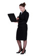 Woman in suit using laptop