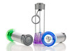 Three multi-colored manual LED flashlights