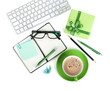 Coffee cup, office supplies and gift box