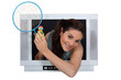 girl in TV screen with badminton racket