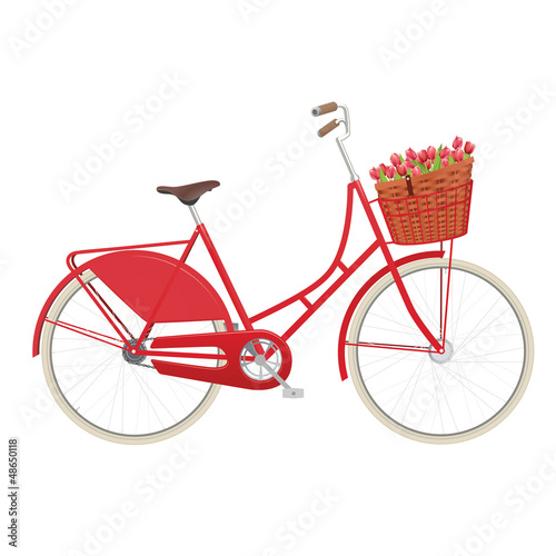 Vector: Vintage ladies bicycle with wicker basket filled with tulips Vintage ladies bicycle with wicker basket filled with tulips
