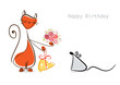 Happy Birthday. Cat congratulates mouse with flowers and cheesee