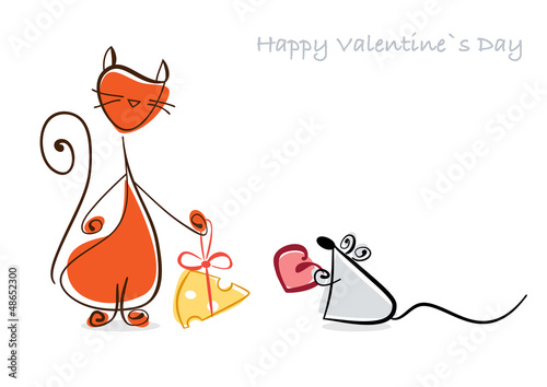 Illustration: Happy Valentine. Red cat and mouse with gifts. Illustration Happy Valentine. Red cat and mouse with gifts. Illustration