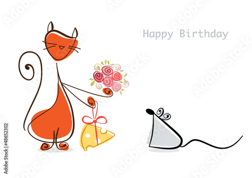 Illustration: Happy Birthday. Cat congratulates mouse with flowers and cheesee Happy Birthday. Cat congratulates mouse with flowers and cheesee