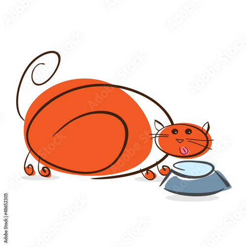 Illustration: Plump red cat drinking milk. Illustration Plump red cat drinking milk. Illustration