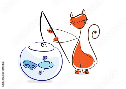 Photo: Red cat catches fish from aquarium. Illustration Red cat catches fish from aquarium. Illustration