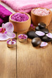 Photo: Spa lavender salt set on the wooden table Spa lavender salt set on the wooden table