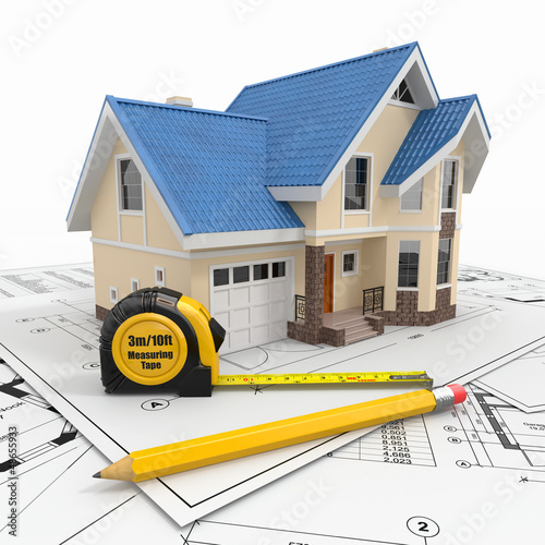 Illustration: Residential house with tools on architect blueprints. Residential house with tools on architect blueprints.