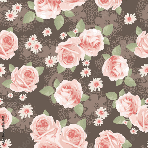 Vector: vintage roses over lace seamless background vintage roses over lace seamless background