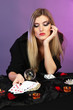 Photo: Witch - fortune teller on color background Witch - fortune teller on color background