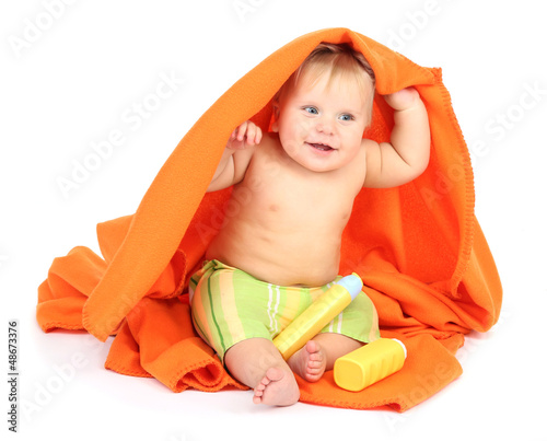 Photo: Little boy with color towel, isolated on white Little boy with color towel, isolated on white