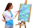 beautiful young woman painter at work, isolated on white