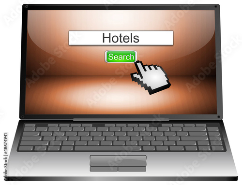 Illustration: Laptop with internet search hotels Laptop with internet search hotels