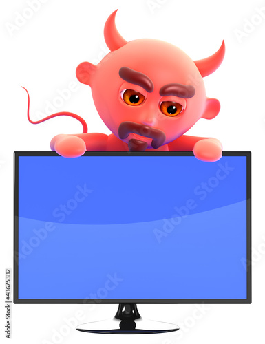 Illustration: Devil leans over a widescreen monitor Devil leans over a widescreen monitor