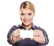 Businesswoman holding credit card. Isolated on white