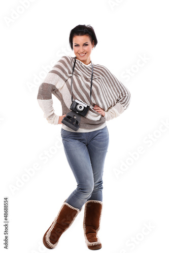 Photo: Young happy woman with camera Young happy woman with camera