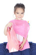 Foto: Happy little girl with shopping bags over white Happy little girl with shopping bags over white