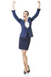 Young happy businesswoman with hands up