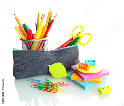 Photo: pencil box with school equipment isolated on white pencil box with school equipment isolated on white
