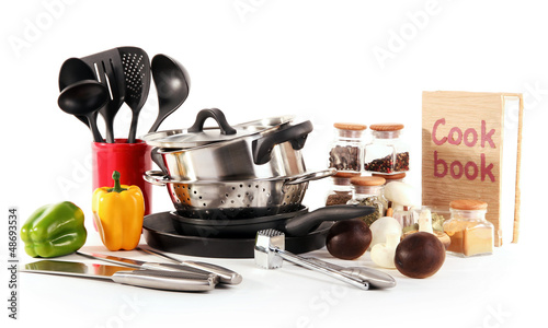 Photo: composition of kitchen tools,spices and vegetables isolated composition of kitchen tools,spices and vegetables isolated