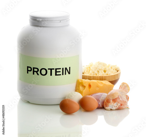 Photo: jar of protein powder and food with protein, isolated on white jar of protein powder and food with protein, isolated on white