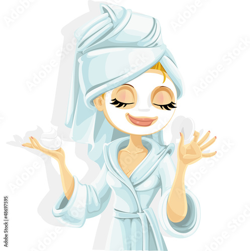 Vector: Cute girl with a cosmetic mask on her face in bathrobe Cute girl with a cosmetic mask on her face in bathrobe