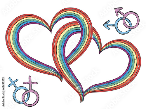 Illustration: Rainbow hearts with gay symbols.Vector isolated on white Rainbow hearts with gay symbols.Vector isolated on white