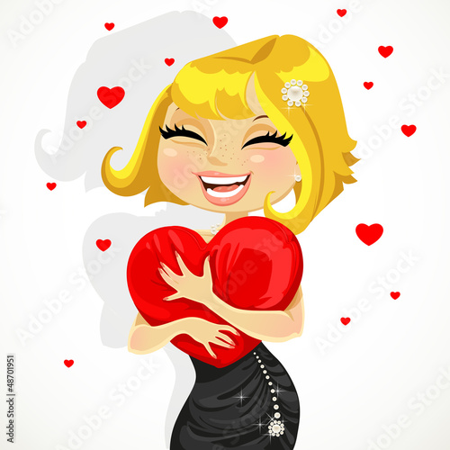 Vector: Cute girl in an evening dress hugging a soft pillow-heart Cute girl in an evening dress hugging a soft pillow-heart