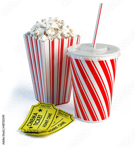 Illustration: Popcorn, cola and cinema tickets Popcorn, cola and cinema tickets