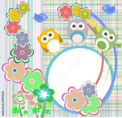 Illustration: Background with owl, flowers and birds Background with owl, flowers and birds