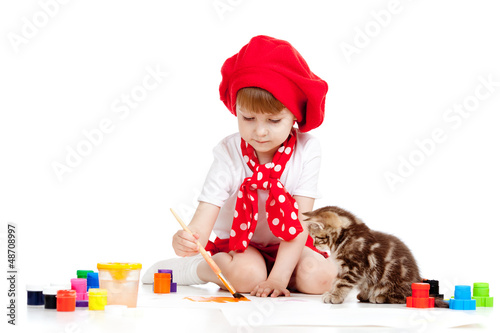 Photo: painting child girl with cat painting child girl with cat