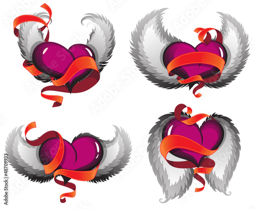 Vector: Valentine hearts with wings and ribbons Valentine hearts with wings and ribbons