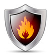 Shield with the sign of fire. Vector icon