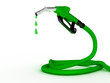 Green fuel nozzle with golden droplet on white background