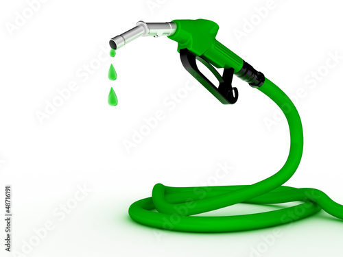 Illustration: Green fuel nozzle with golden droplet on white background Green fuel nozzle with golden droplet on white background