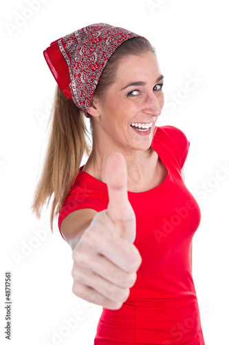Photo: Funny girl - Frau mit Daumen hoch isoliert in Rot Funny girl - Frau mit Daumen hoch isoliert in Rot