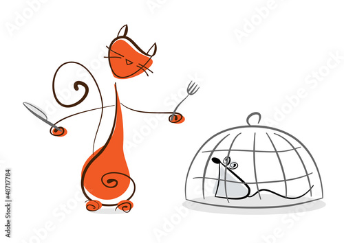 Illustration: Red cat with knife and fork going to eat prisoned in cage mouse Red cat with knife and fork going to eat prisoned in cage mouse